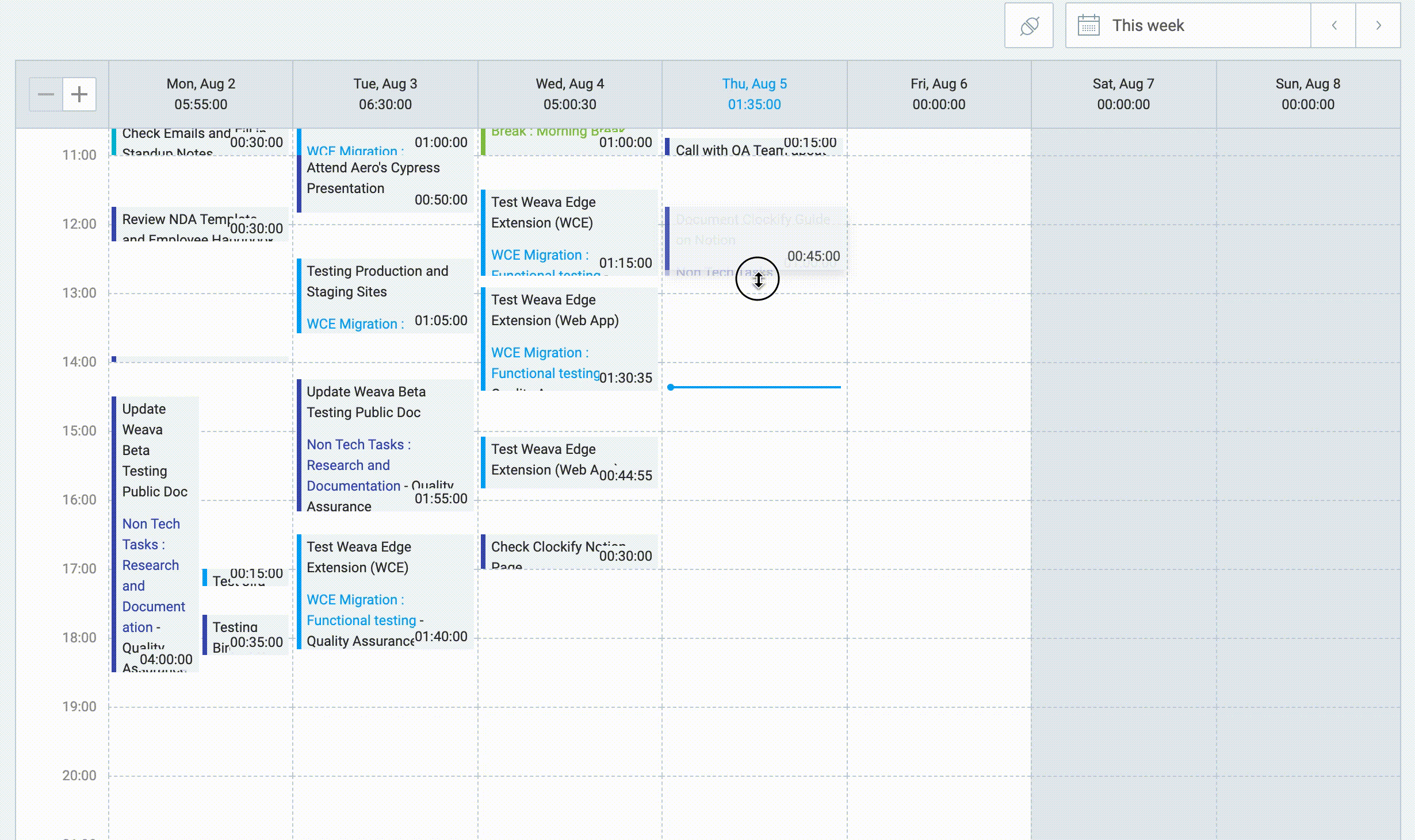 Função de calendário no Clockify